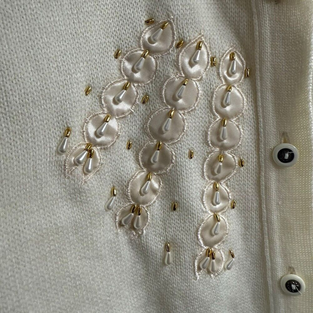 Vtg 60s Cardigan Women's Ivory Gold Pearl Beads Ornate Buttons Medium - Picture 3 of 8
